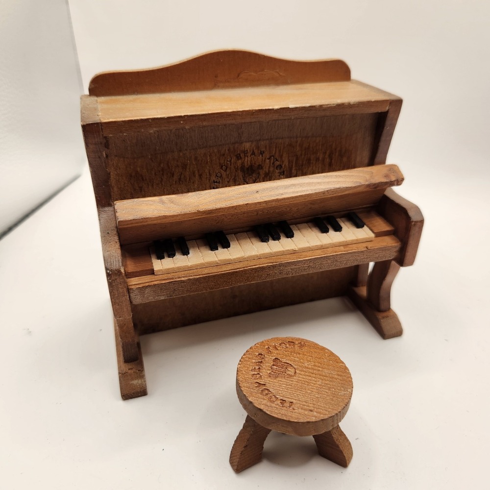 Vintage 1980s Teddy Bear Story Applause Wooden Miniature Upright Piano Stool